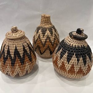 VINTAGE Zulu African Traditional Ukhamba Zig Zag Ilala Palm Woven 3 MINI Baskets